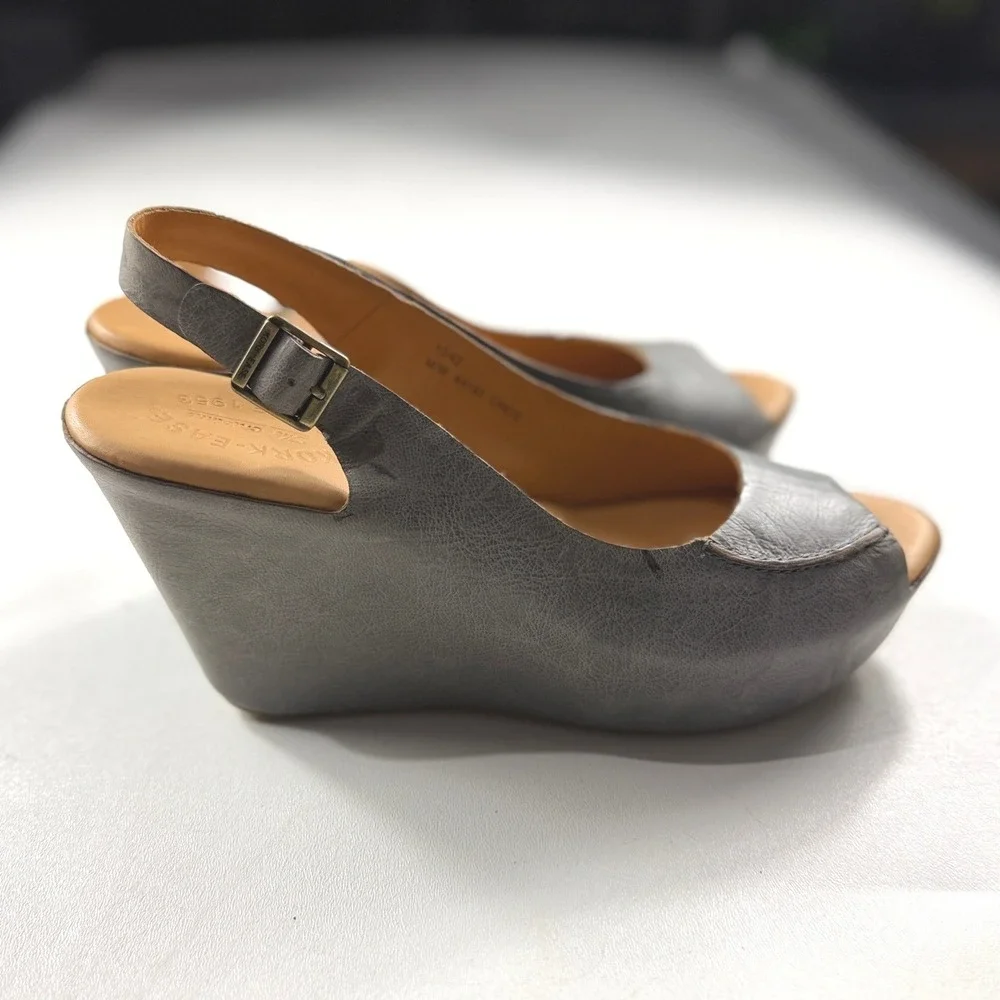 Kork-Ease Sharon Navy Leather Slingback Wedge Sandals Peep Toe K4193 Women 10